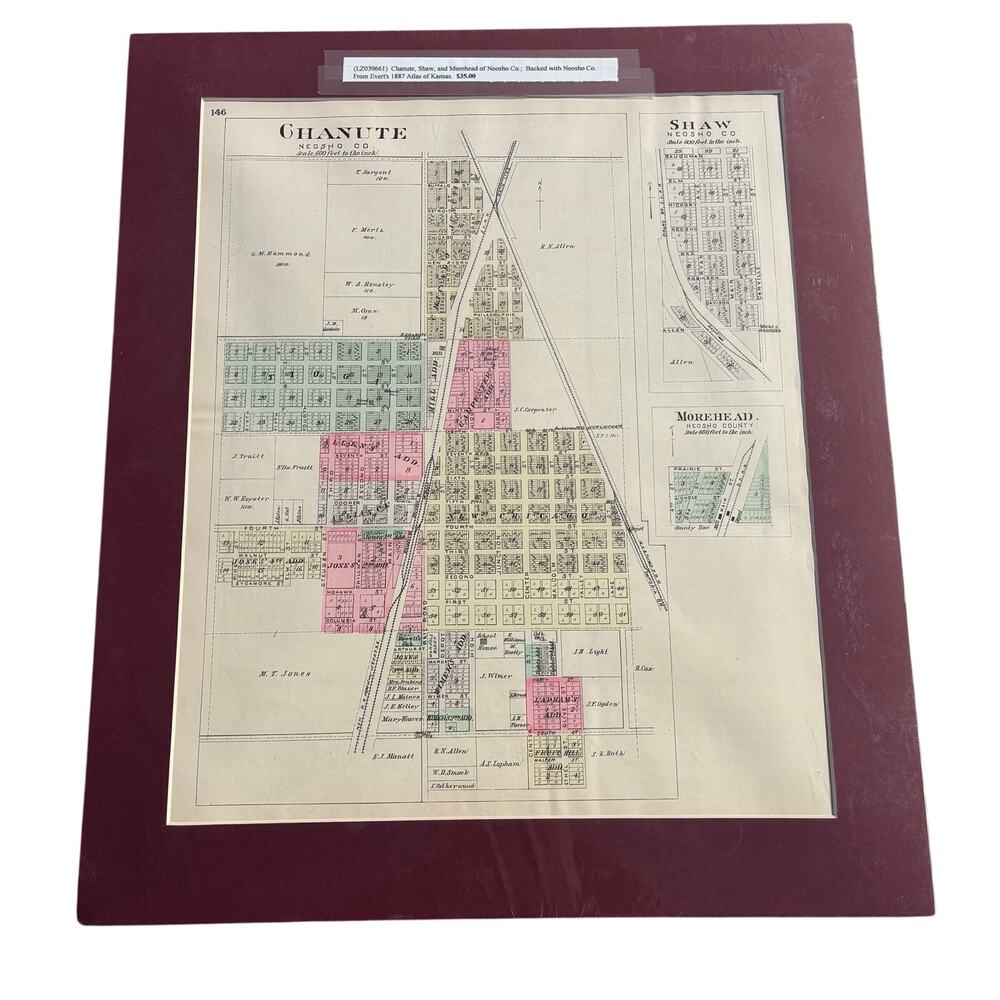 VTG Everts 1887 Atlas of Kansas Chanute, SHaw, and Morehead of Neosho Co. 17x20"